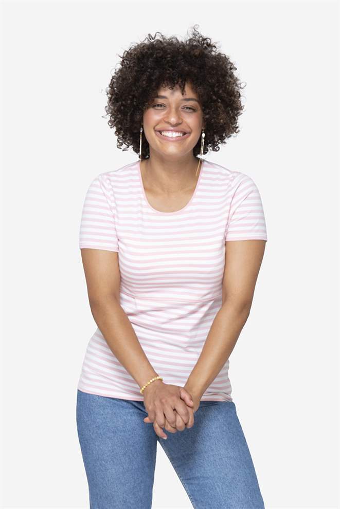 t-shirt d'allaitement à manches courtes rose à rayures blanches en coton bio